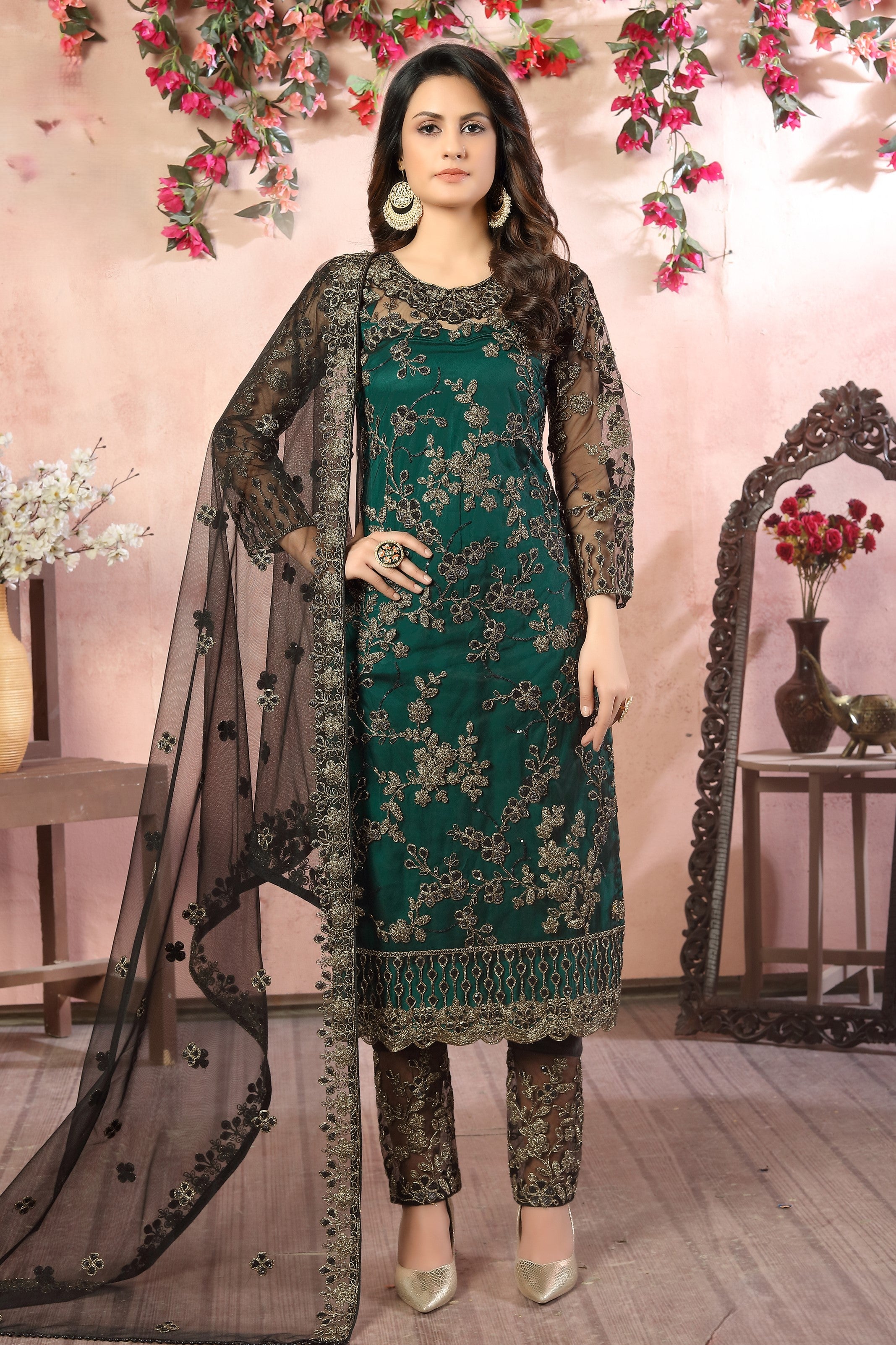 Green Net Traditional Pakistani Clothing Kameez with Pant 42