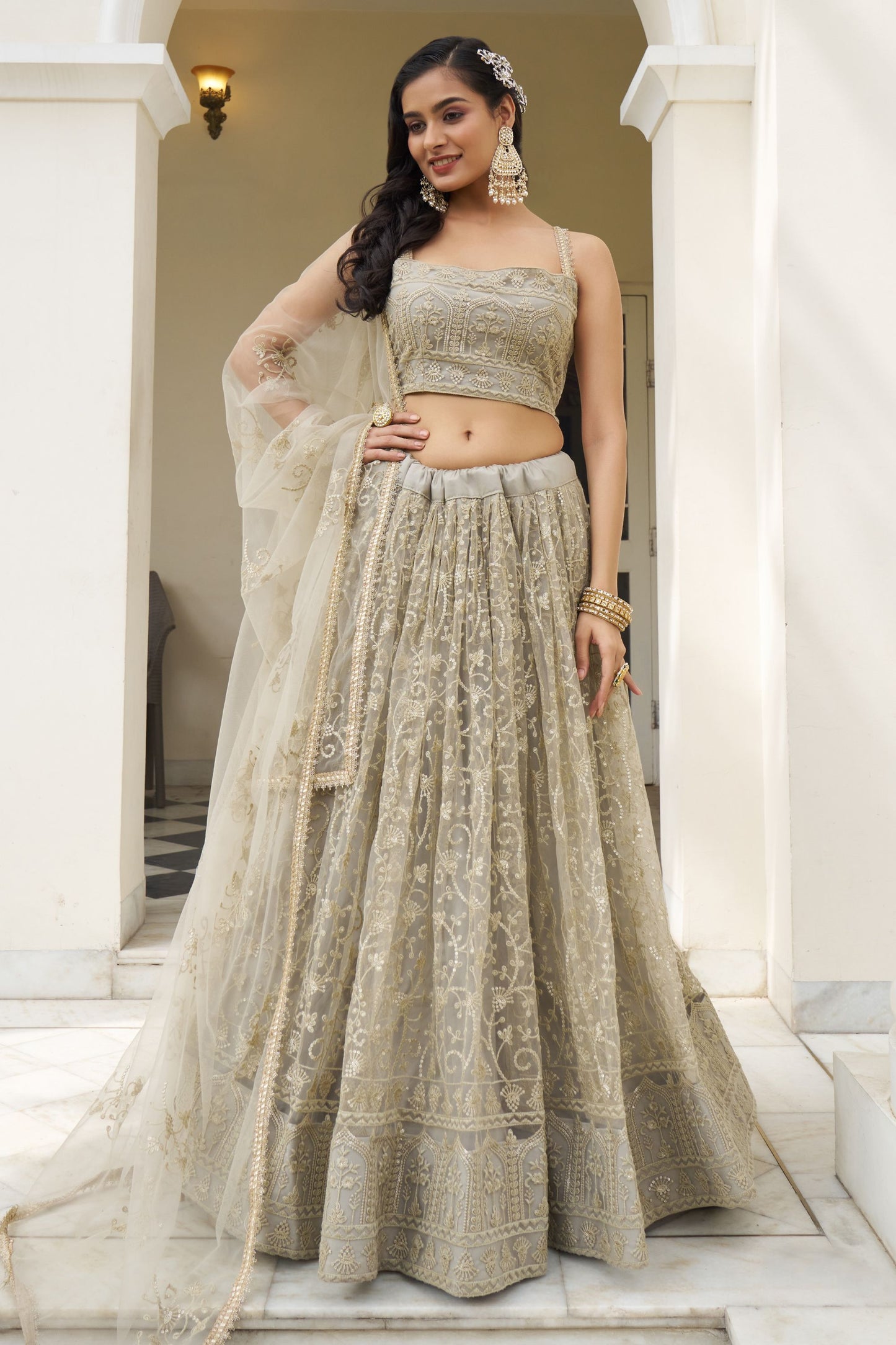 Ivory Net Embroidered Lehenga Choli For Indian Festival & Weddings - Thread Embroidery Work, Sequence Embroidery Work