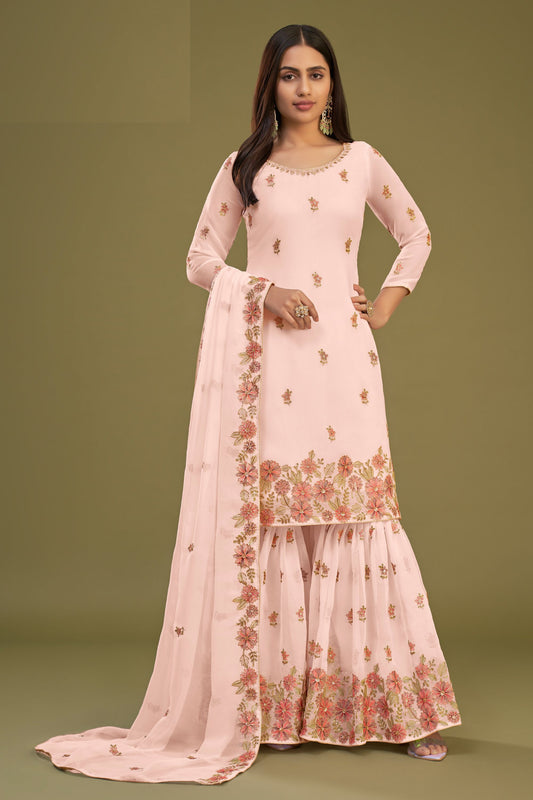 Light Pink Georgette Sharara For Indian Festivals & Pakistani Weddings - Thread Embroidery Work