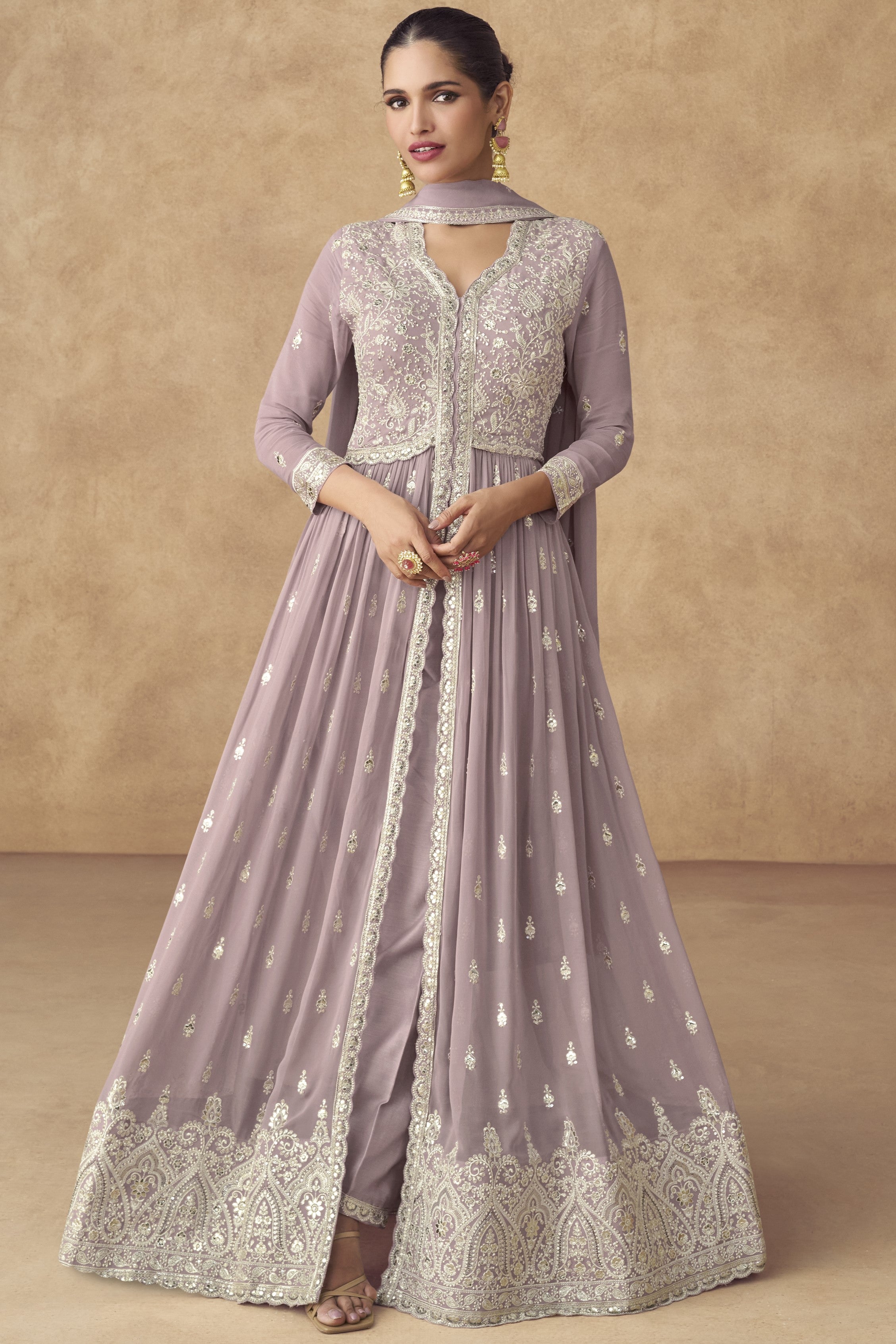 Light Purple Georgette Bridesmaid Gown India Style Anarkali Suit with Front Slit for Marriage - Embroidery Work 32 Light Purple Georgette Bridesmaid Gown India Style Anarkali Suit with Front Slit for Marriage - Embroidery Work 32