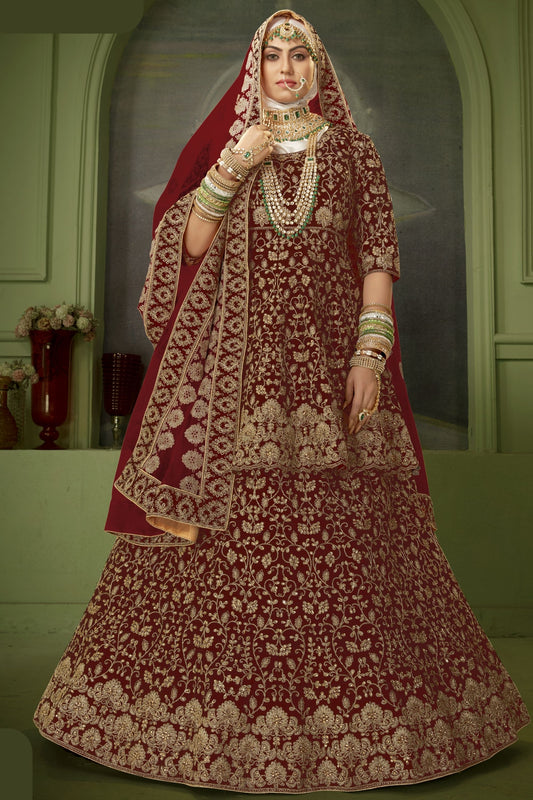 Maroon Pakistani Velvet Lehenga Choli For Indian Festivals & Weddings - Thread Embroidery Work, Stone Work