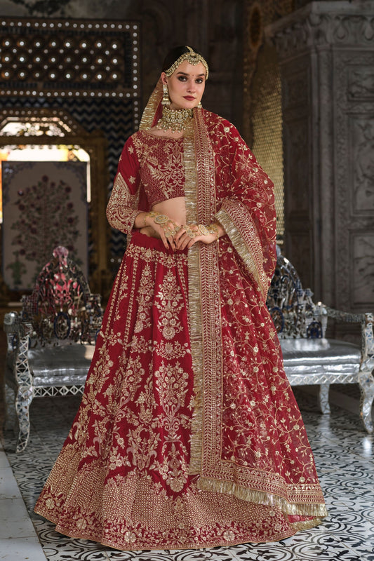 Maroon Velvet Bridal Lehenga Choli For Indian Festivals & Weddings - Thread Embroidery Work, Zarkan Work