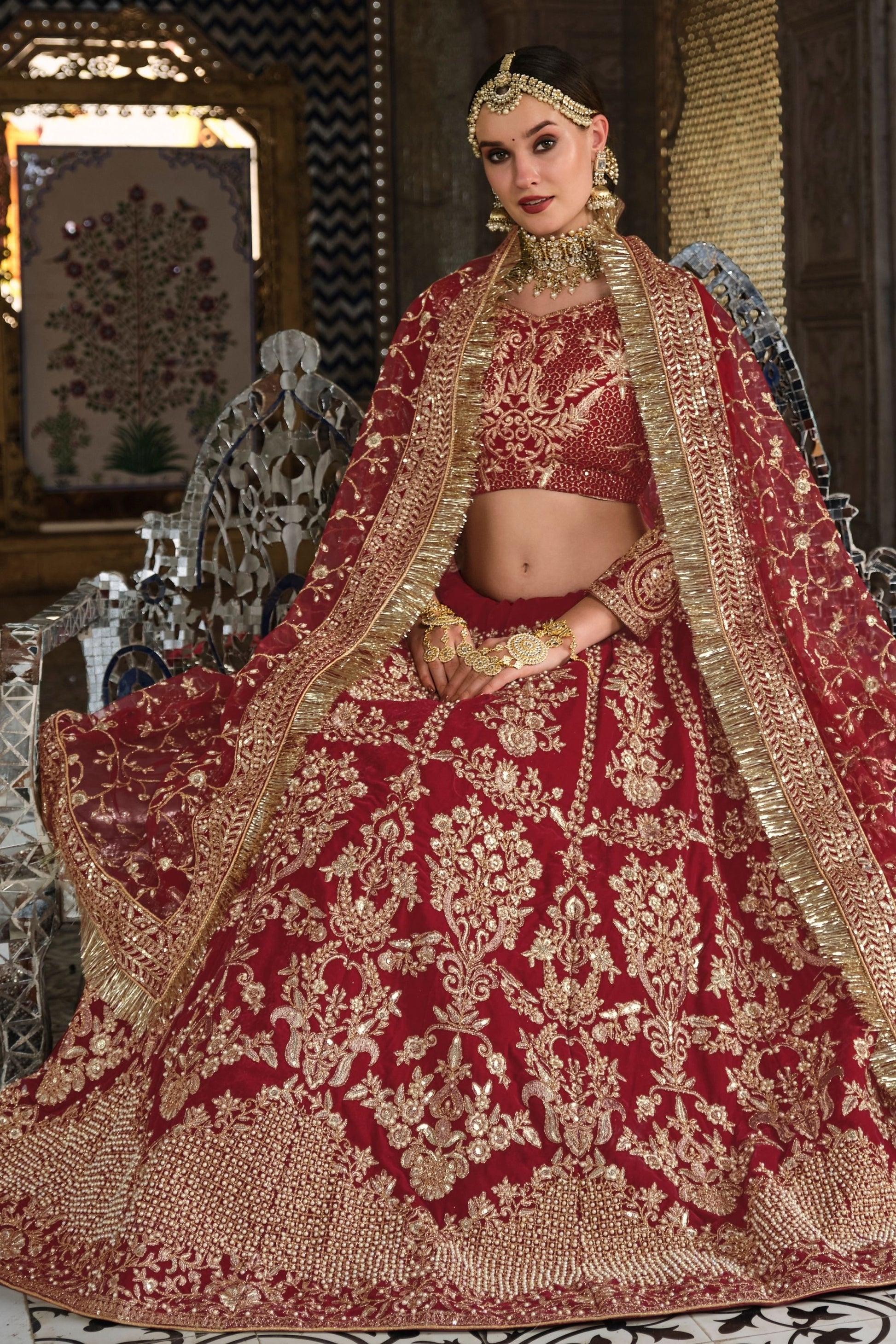 Maroon Velvet Bridal Lehenga Choli For Indian Festivals & Weddings - Thread Embroidery Work, Zarkan Work