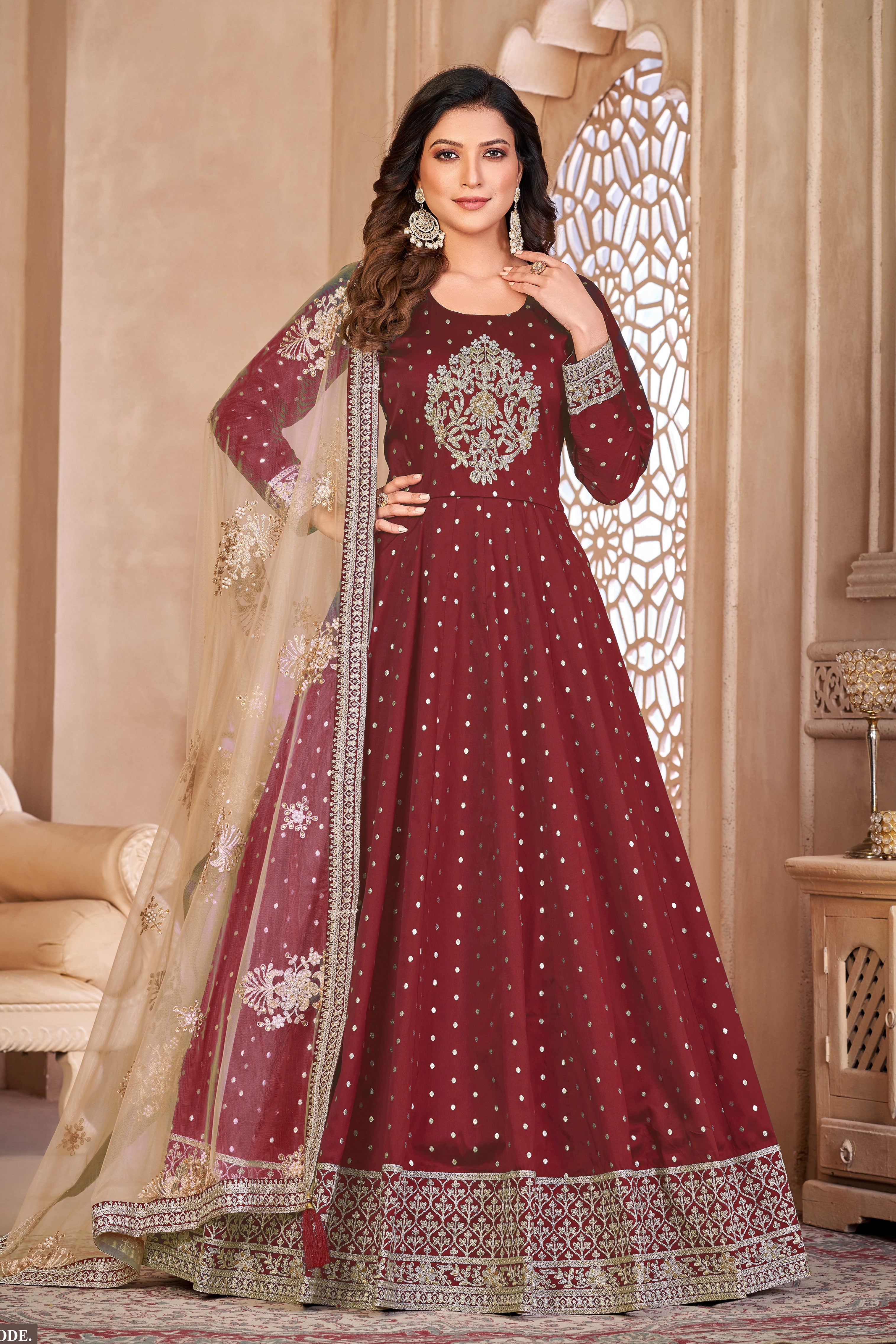 ladies anarkali dress Maroon Taffeta Silk Suit for with Sequins Embroidery 36 LIVE 12/19/24 MV Waist:46 You can use this HOT ! Midi Dress