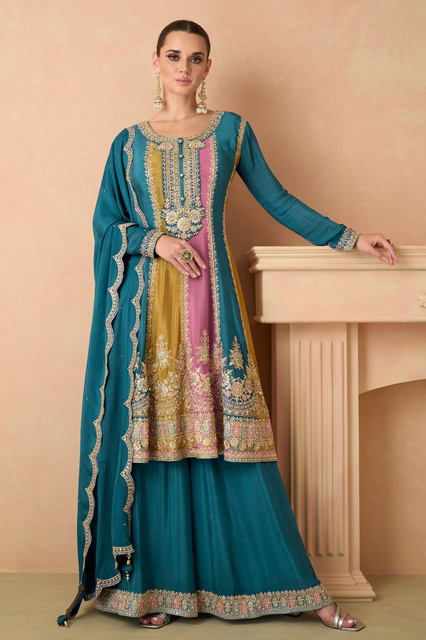 Multicolor Chinon Silk Plazo Suit For Indian Festivals & Pakistani Weddings - Embroidery Work
