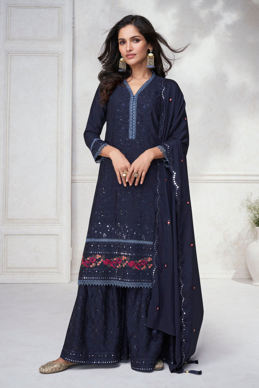 Navy Blue Chinon Silk Sharara For Indian Festivals & Pakistani Weddings - Thread Embroidery Work