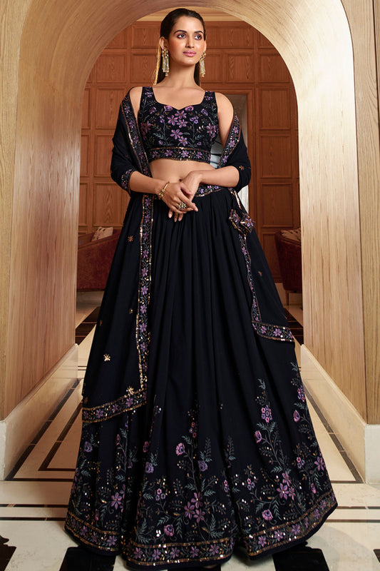 Navy Blue Georgette Floral Embroidered Lehenga Choli For Indian Festivals & Weddings - Sequence Embroidery Work, Thread Work