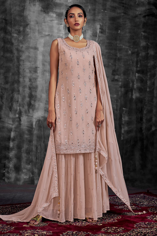 Peach Pakistani Georgette Sharara For Indian Festivals & Weddings - Thread Embroidery Work, Mirror Work, Zari Work, Zarkan Work