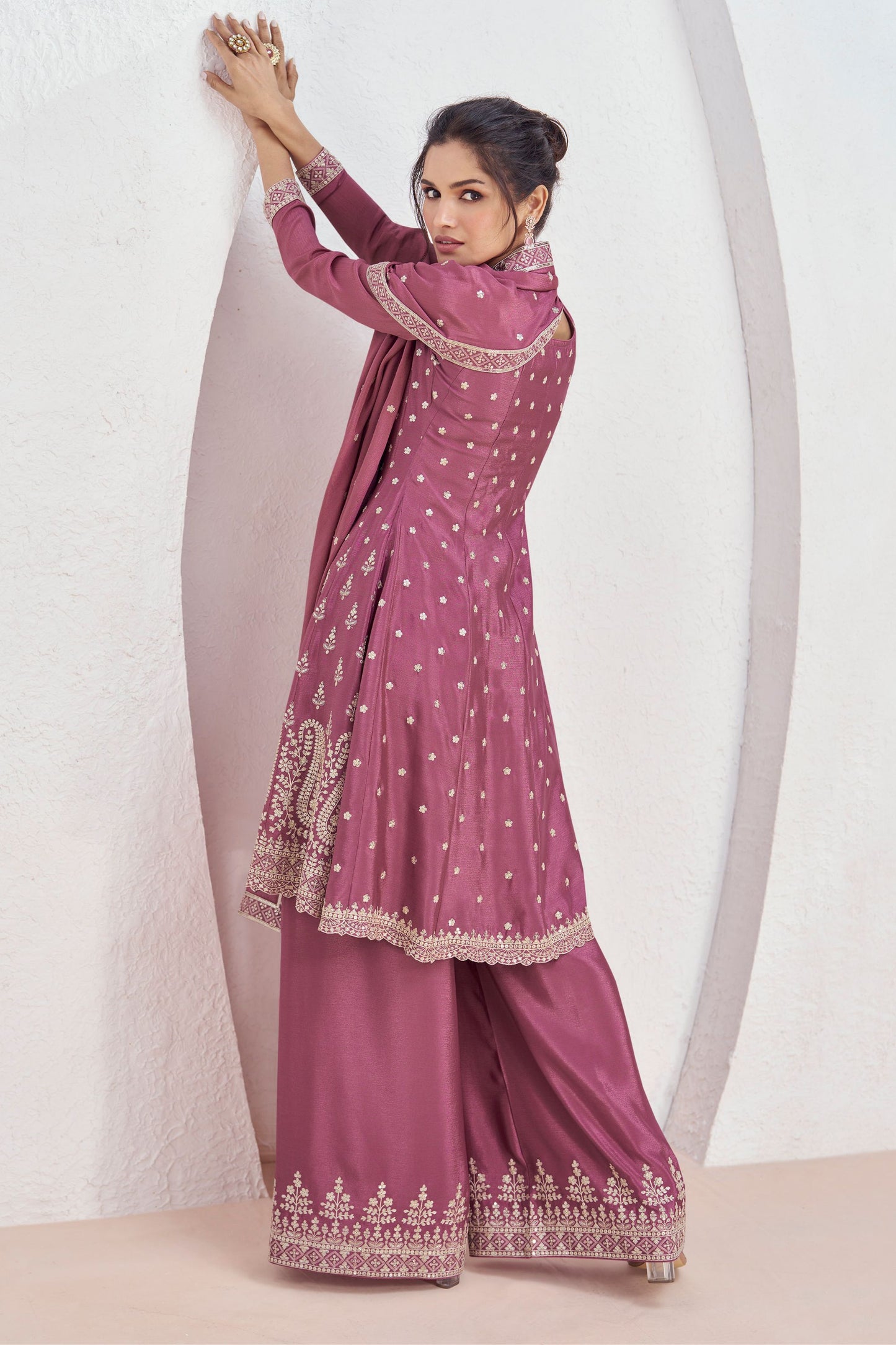 Pink Chinon Silk Palazzo Suit For Indian Festival & Pakistani Weddings - Embroidery Work