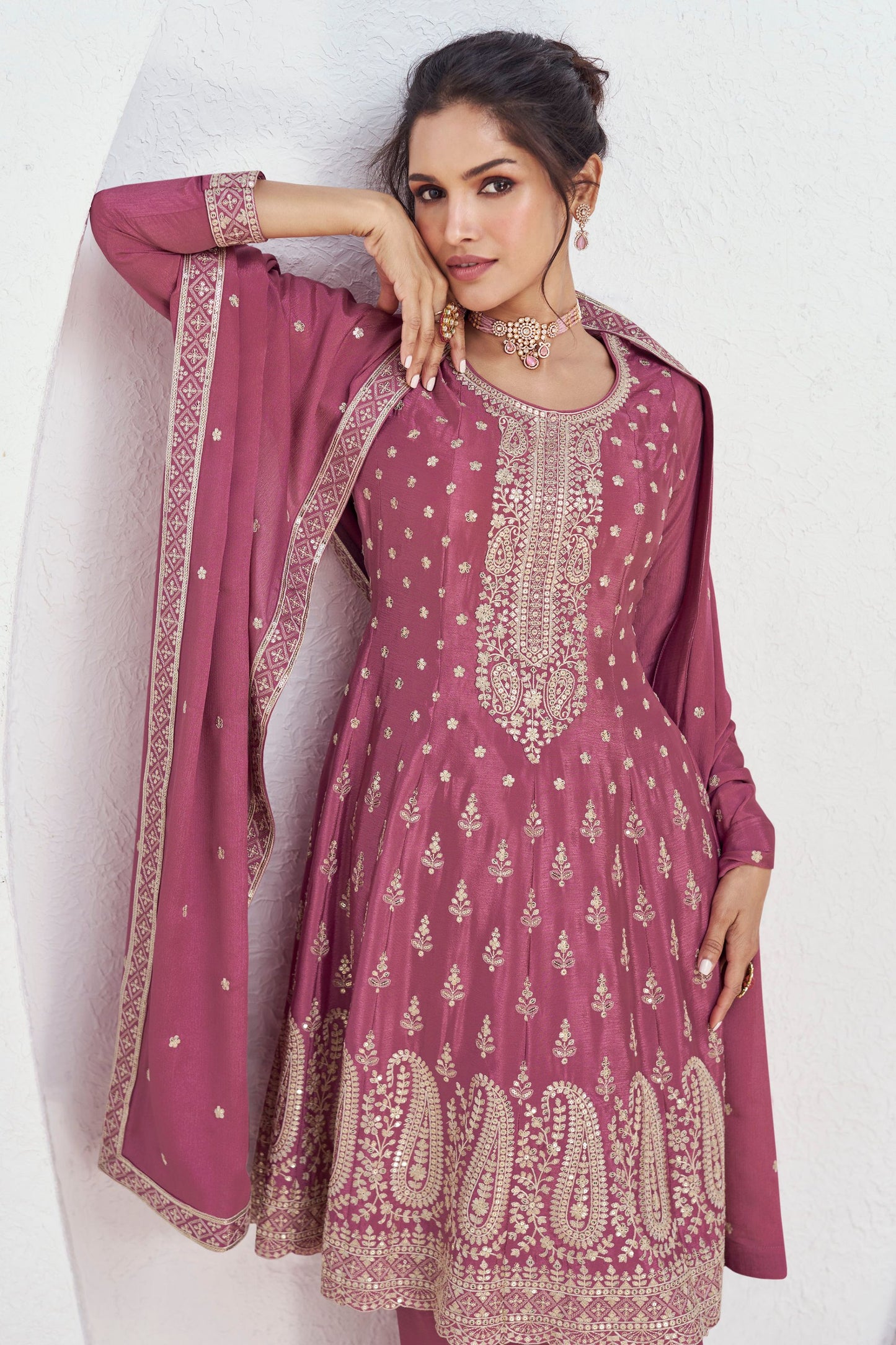 Pink Chinon Silk Palazzo Suit For Indian Festival & Pakistani Weddings - Embroidery Work