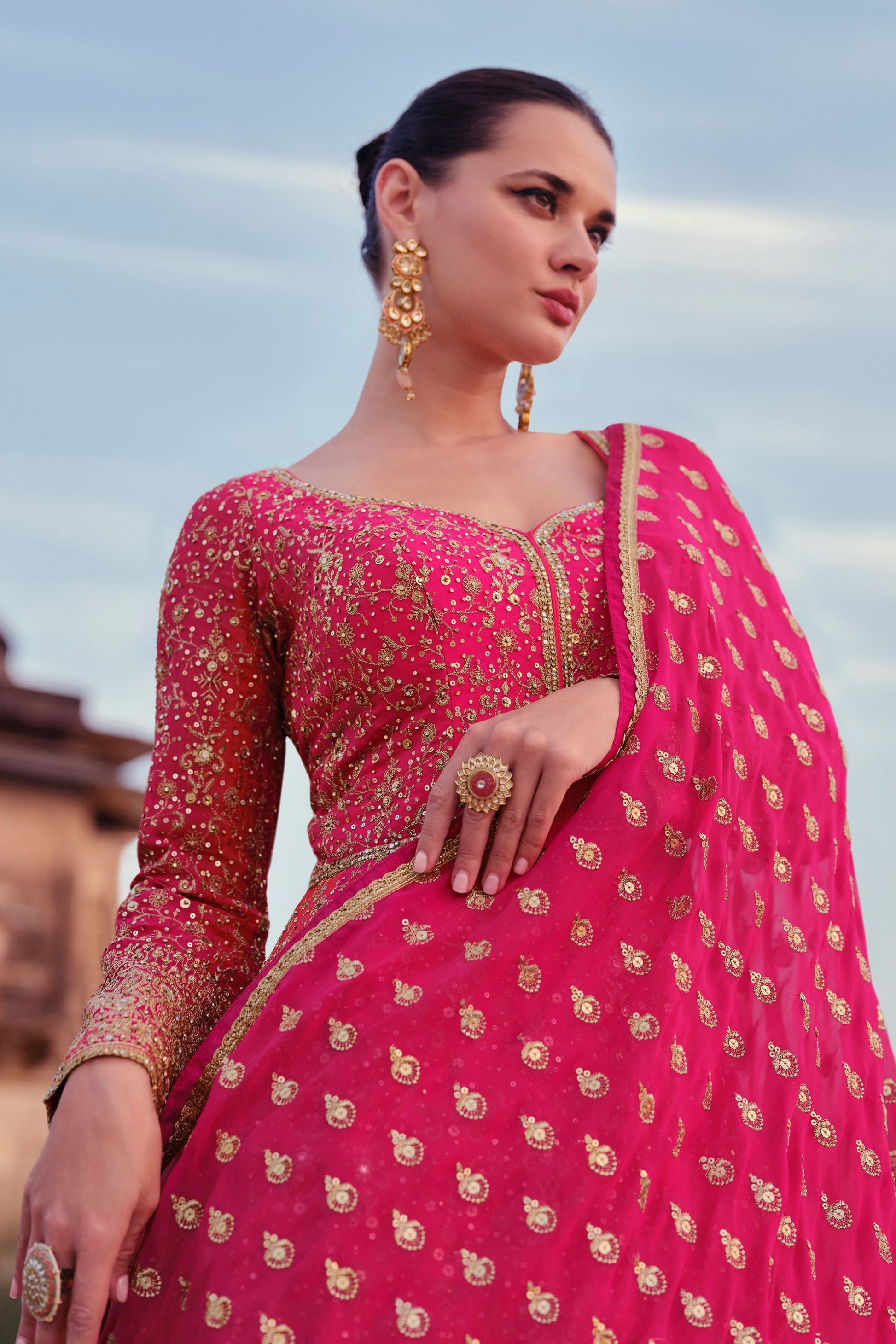Pink Georgette Floor Full Length Anarkali Gown For Indian Festivals & Pakistani Weddings - Embroidery Work