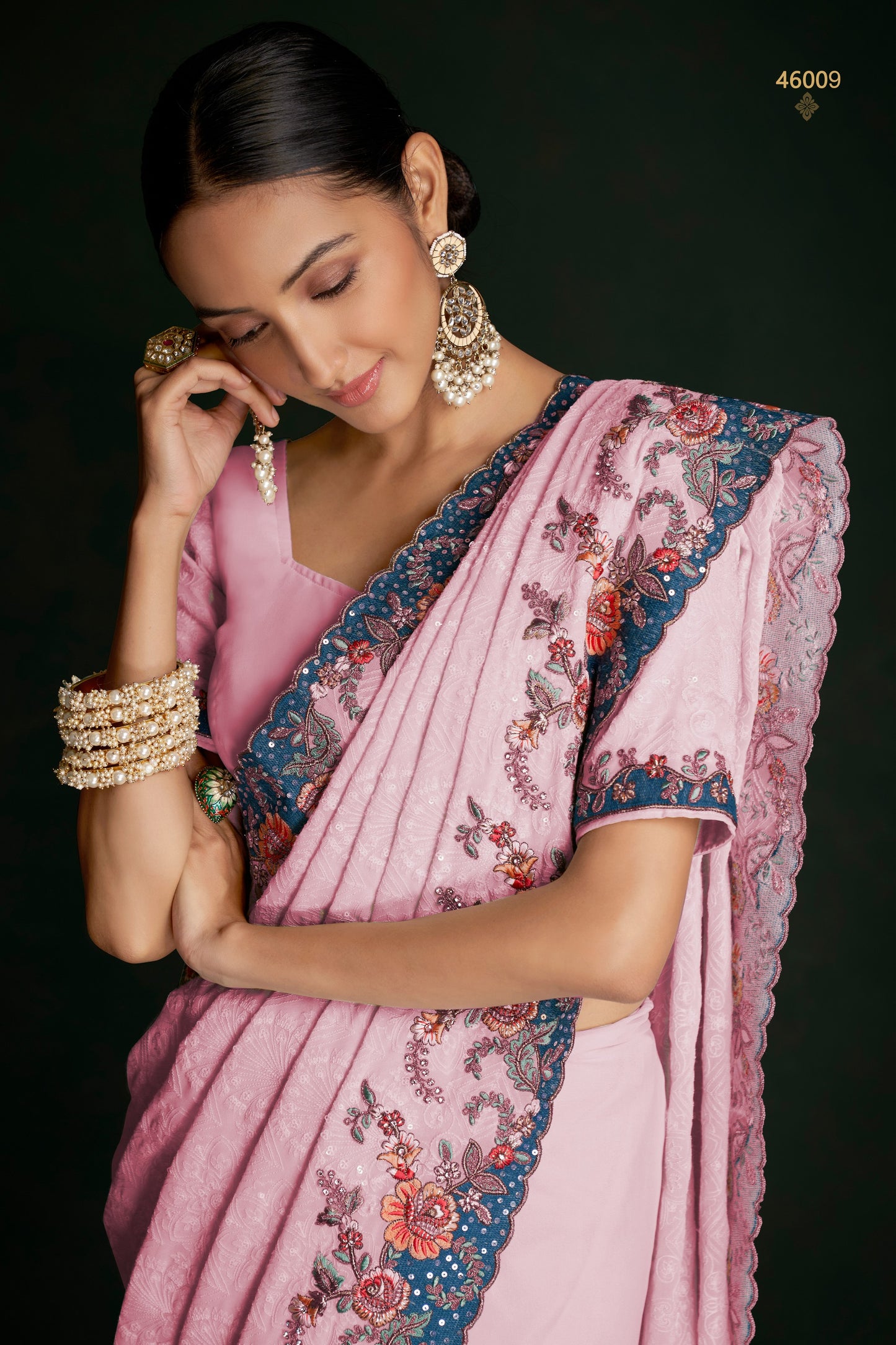 Pink Georgette Floral Sarees with Blouse for Weddings | Indian Sari for Festival - Lucknowi Work