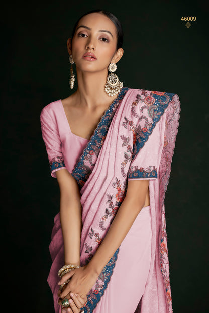 Pink Georgette Floral Sarees with Blouse for Weddings | Indian Sari for Festival - Lucknowi Work