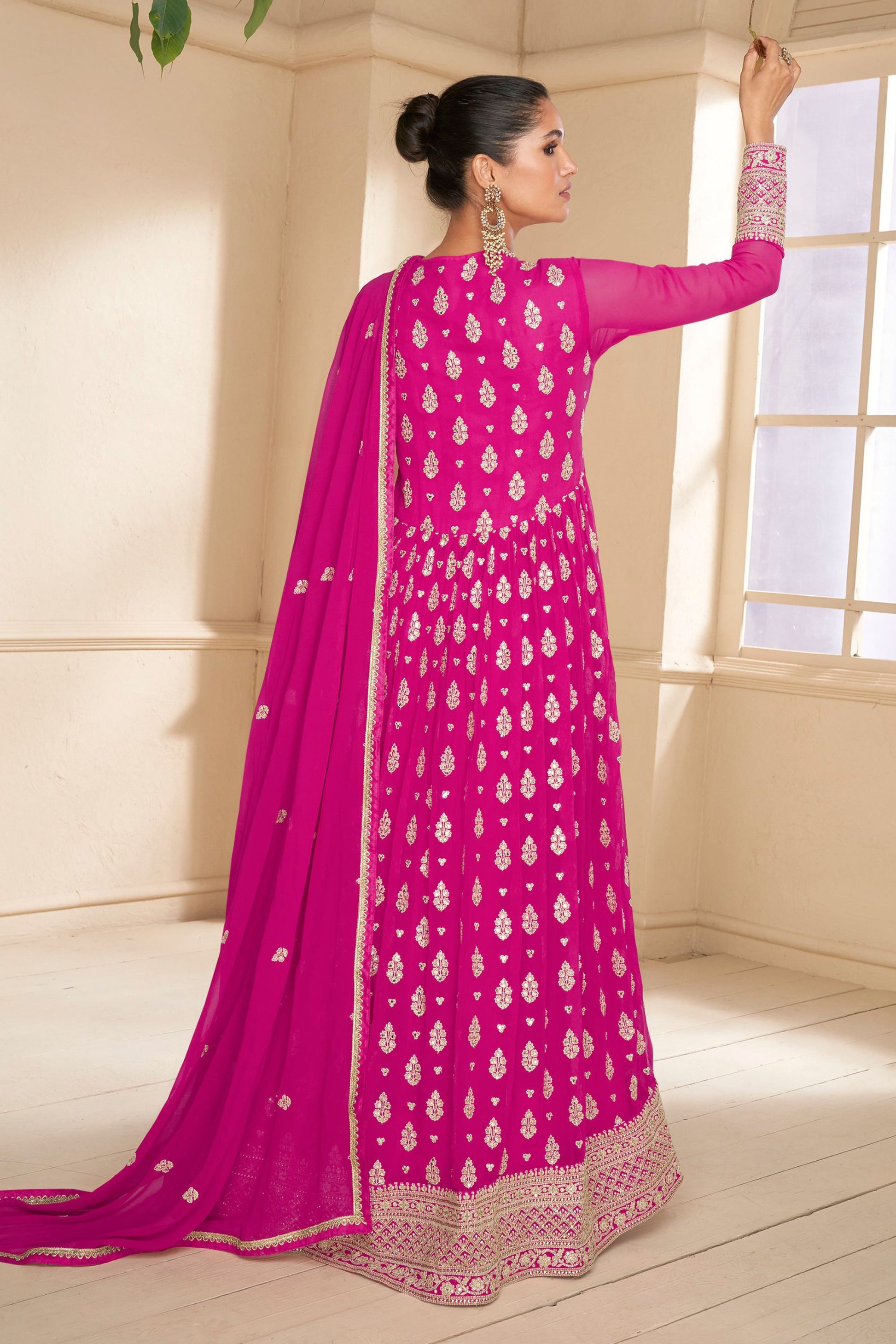 Pink Georgette Full Floor Length Anarkali Gown For Indian Festivals & Weddings - Embroidery Work