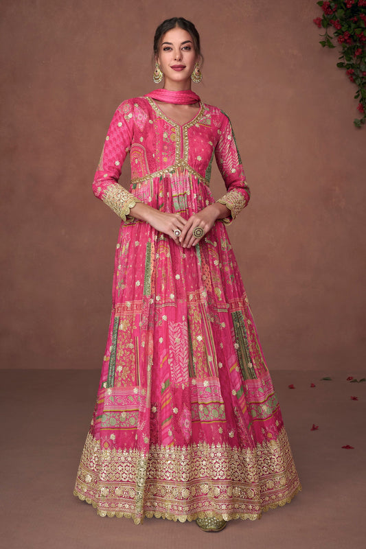Pink Pakistani Organza Floor Full Length Flower Printed Anarkali Gown For Indian Festivals & Weddings - Embroidery Work, Print Work