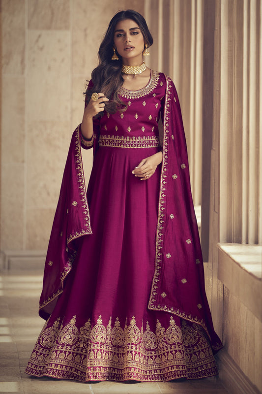 Pink Pakistani Silk Anarkali Gown Suit For Indian Festivals & Weddings - Thread Embroidery Work,