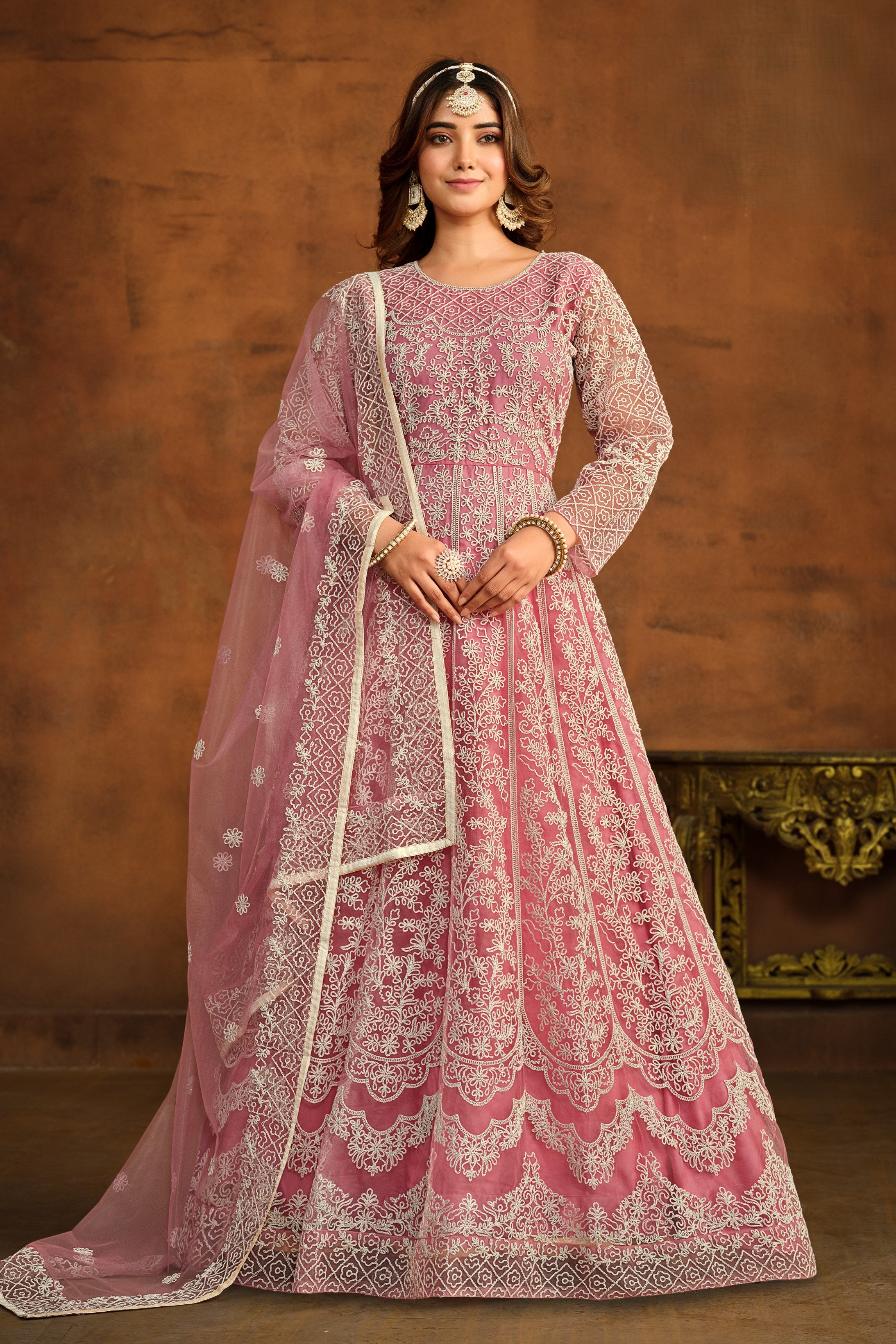 pink dress with gold embroidery Net Thread Anarkali for Reception 42 This gown is designed Size:Child 12 Aziza Dress - Desert Size_Xsmall