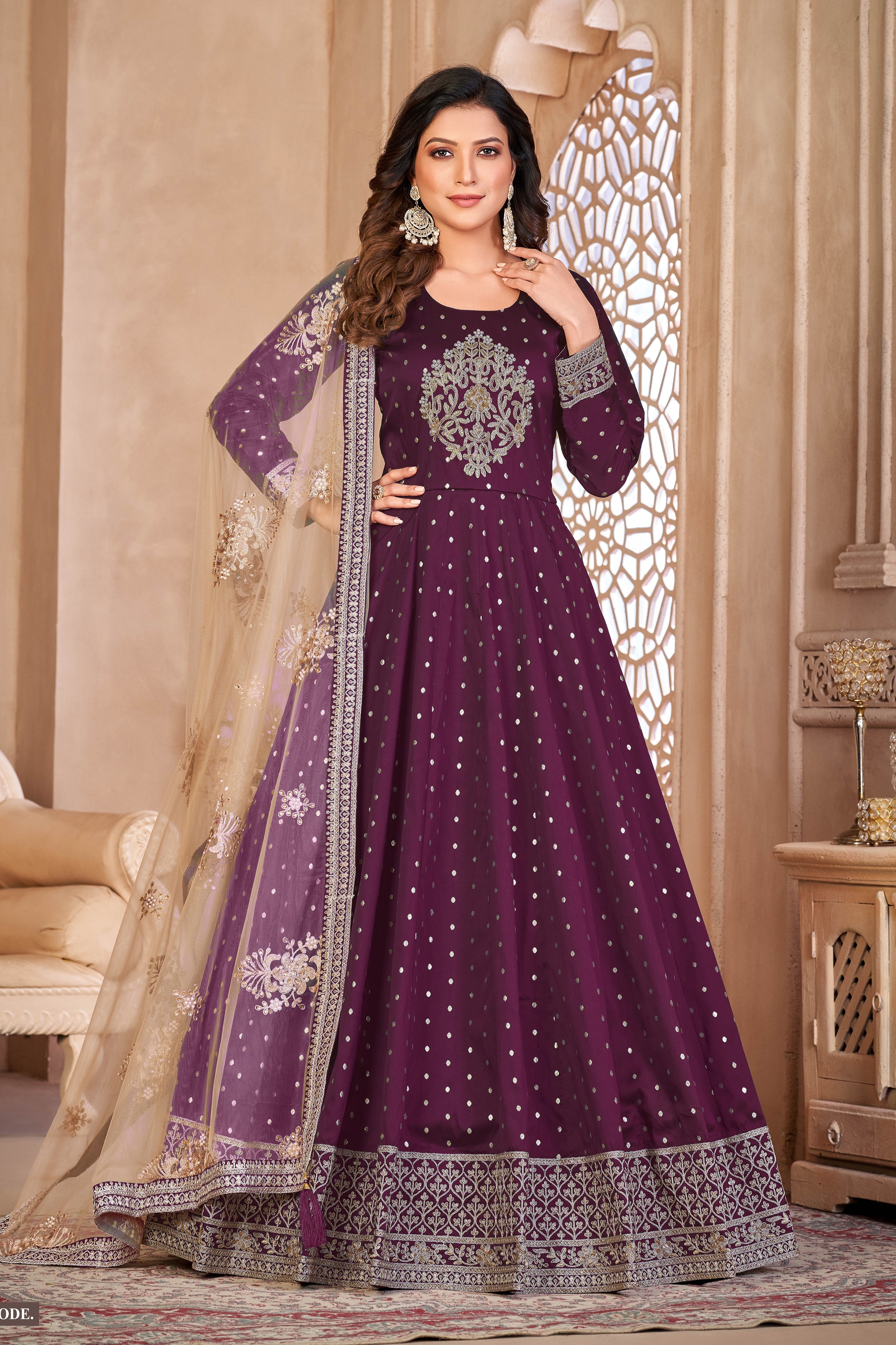 anarkali dress ladies Plum Taffeta Silk Suit for with Sequins Embroidery 42 Orange Dress Cira Cut Out Maxi Embroidery Neck Line Sleeves:Short Sleeves