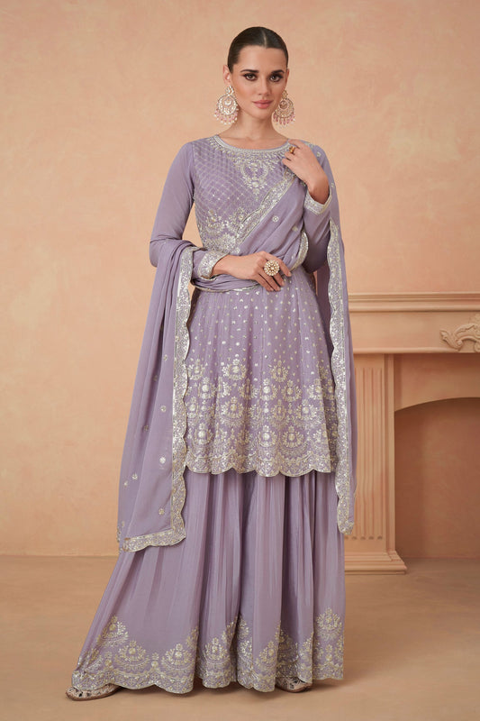 Purple Pakistani Chinon Silk Plazo Suit For Indian Festivals & Weddings - Thread Embroidery Work