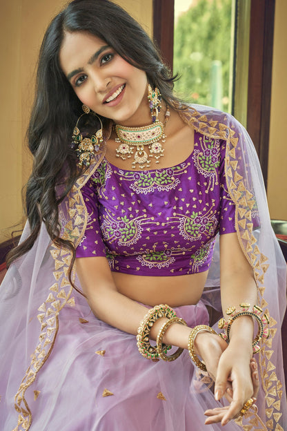 Purple Pakistani Silk Ruffle Lehenga Choli For Indian Festivals & Weddings - Sequence Embroidery Work, Thread Embroidery Work,