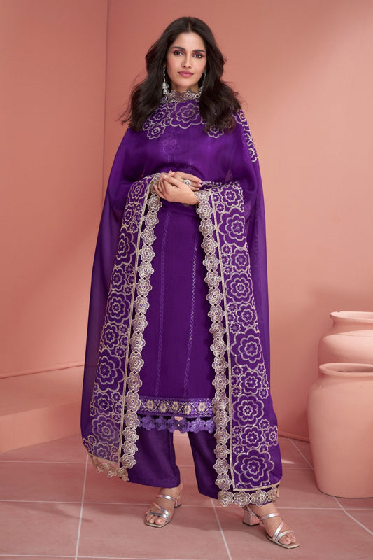 Purple Silk Salwar Kameez Suit For Indian Festivals & Pakistani Weddings - Thread Embroidery Work