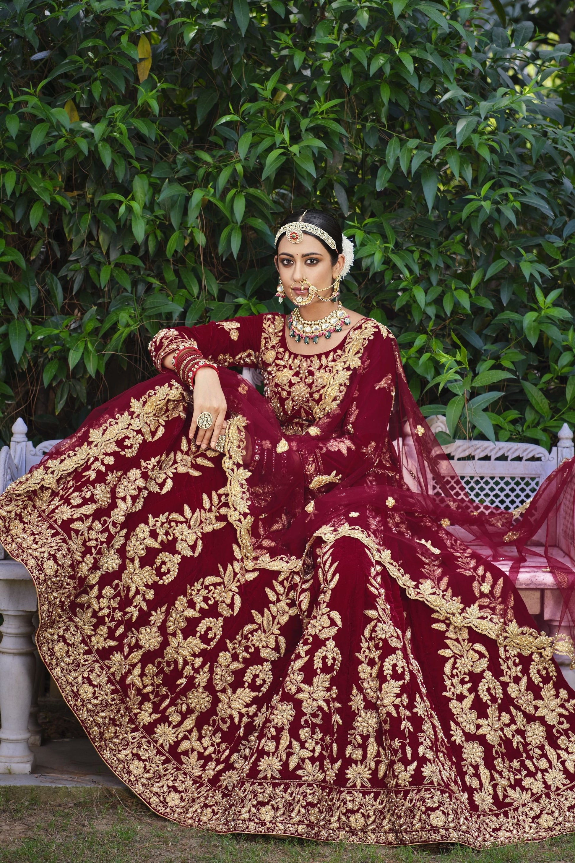 Red Pakistani Bridal Velvet Lehenga Choli For Dulhan Indian Festivals & Weddings - Thread Embroidery Work, Stone Work, Dori Work