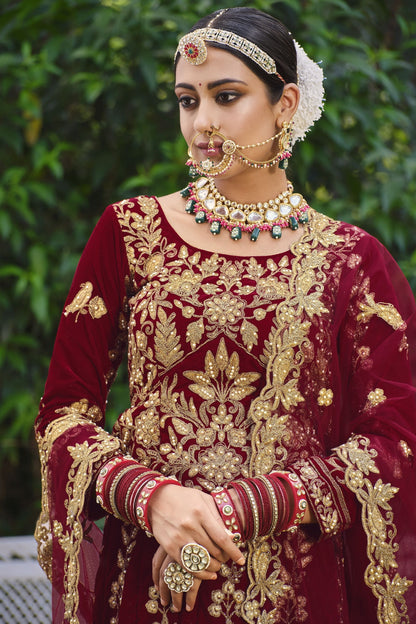 Red Pakistani Bridal Velvet Lehenga Choli For Dulhan Indian Festivals & Weddings - Thread Embroidery Work, Stone Work, Dori Work