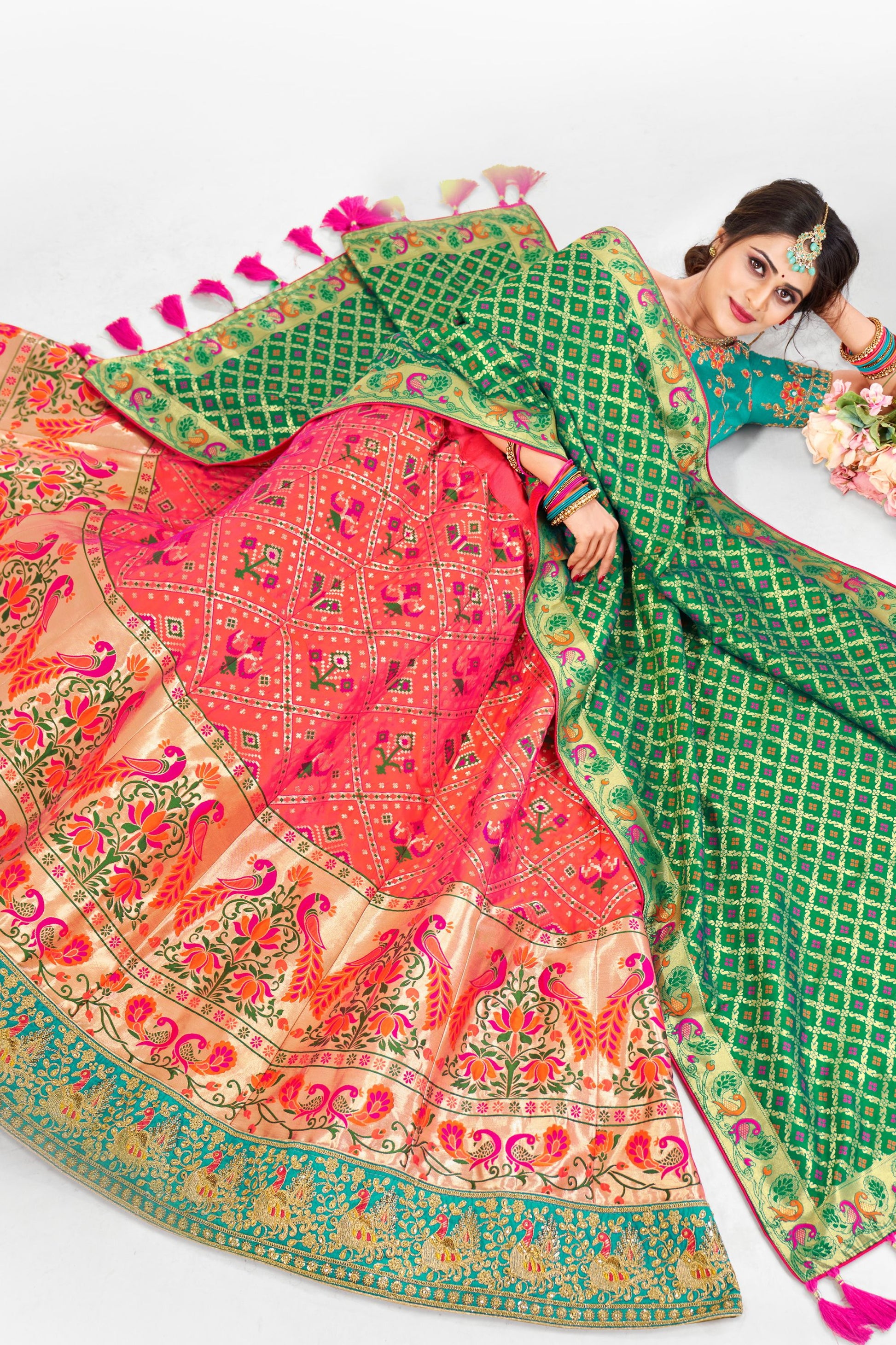 Red Pakistani Silk Lehenga Choli For Indian Festivals & Weddings - Print Work, Thread Embroidery Work,