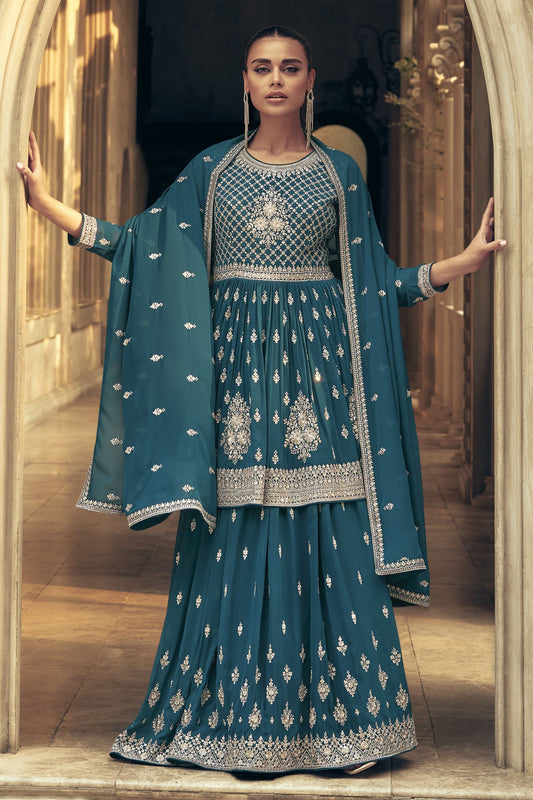 Teal Georgette Salwar Kameez For Indian & Pakistani Party, Festivals & Weddings - Thread Embroidery Work