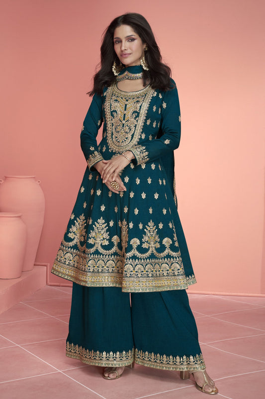 Teal Silk Plazzo Suit For Indian Festivals & Weddings - Thread Embroidery Work