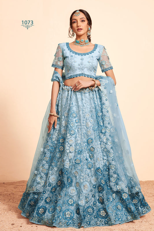 Turquoise Net Embroidered Floral Lehenga Choli For Indian Festivals & Weddings - Thread & Sequence Embroidery Work, Zari Work, Zarkan Work, Hand Embellishment Work