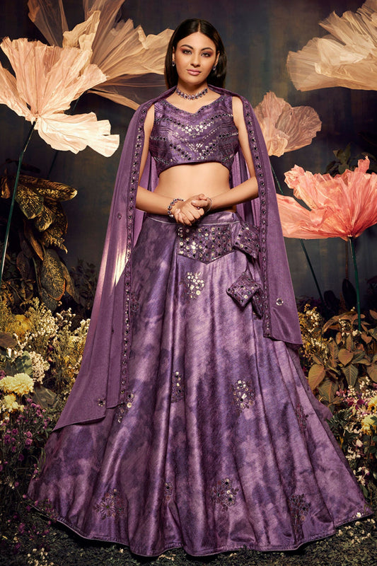 Purple Printed Velvet Lehenga Choli For Indian Festivals & Weddings - Print Work, Sequence Embroidery Work, Mirror Work