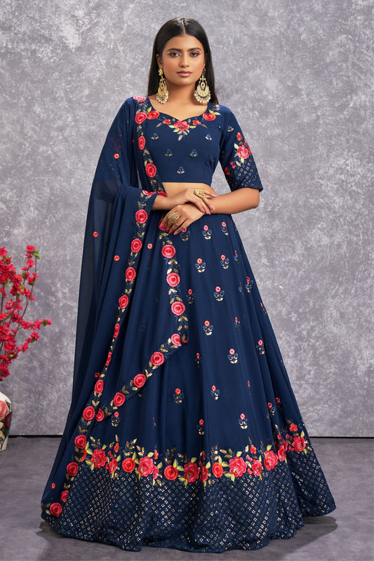 Navy Blue Georgette Floral Embroidery Lehenga Choli For Indian Festivals & Weddings - Sequence Embroidery Work, Thread Embroidery Work, Mirror Work