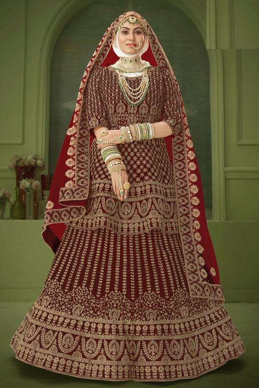 Maroon Pakistani Velvet Lehenga Choli For Indian Festivals & Weddings - Thread Embroidery Work, Stone Work