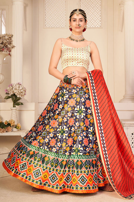Multicolor Silk Sleeveless Printed Lehenga Choli For Indian Festivals & Weddings - Print Work