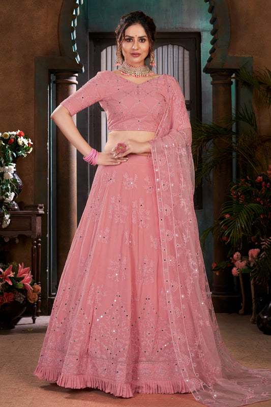 Pink Pakistani Georgette Lehenga Choli For Indian Festivals & Weddings - Thread Embroidery Work, Mirror Work