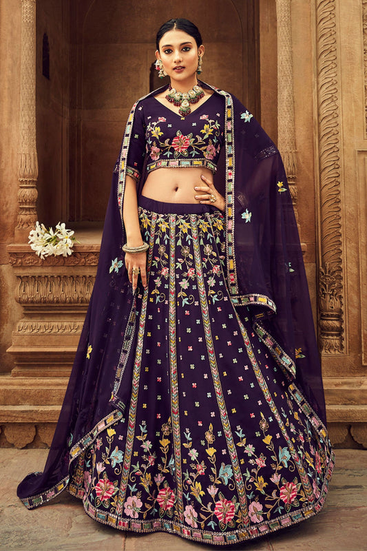Purple Georgette Floral Embroidered Lehengas Choli For Indian Festivals & Weddings - Sequence Embroidery Work, Thread Work