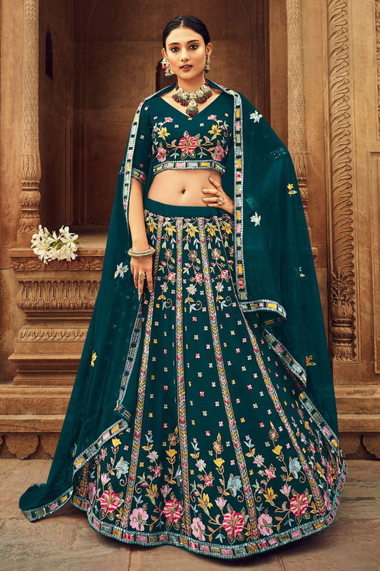 Teal Georgette Floral Embroidered Lehenga Choli For Indian Festivals & Weddings - Sequence Embroidery Work, Thread Work
