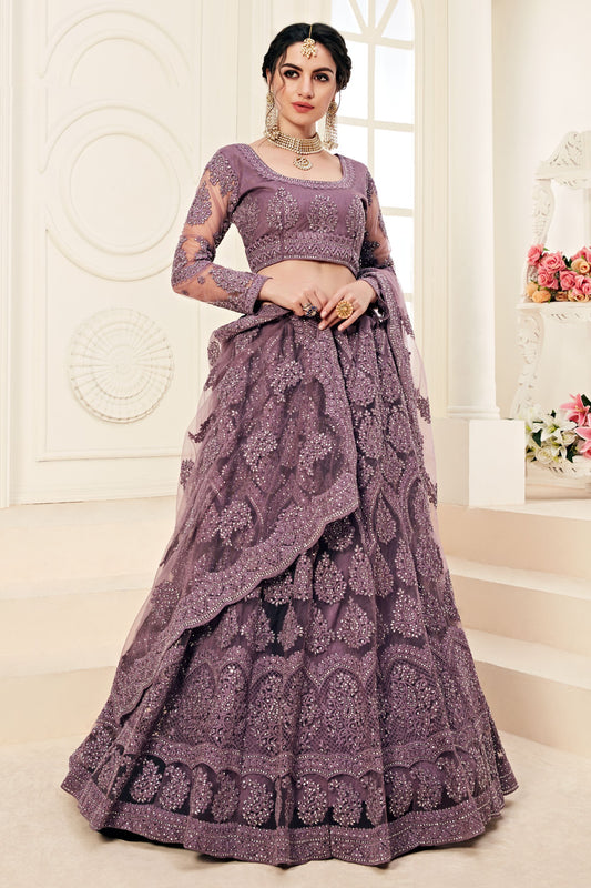 Violet Net Lehenga Choli For Indian Festivals & Weddings - Thread Embroidery Work, Codding Embroidery Work, Stone Work