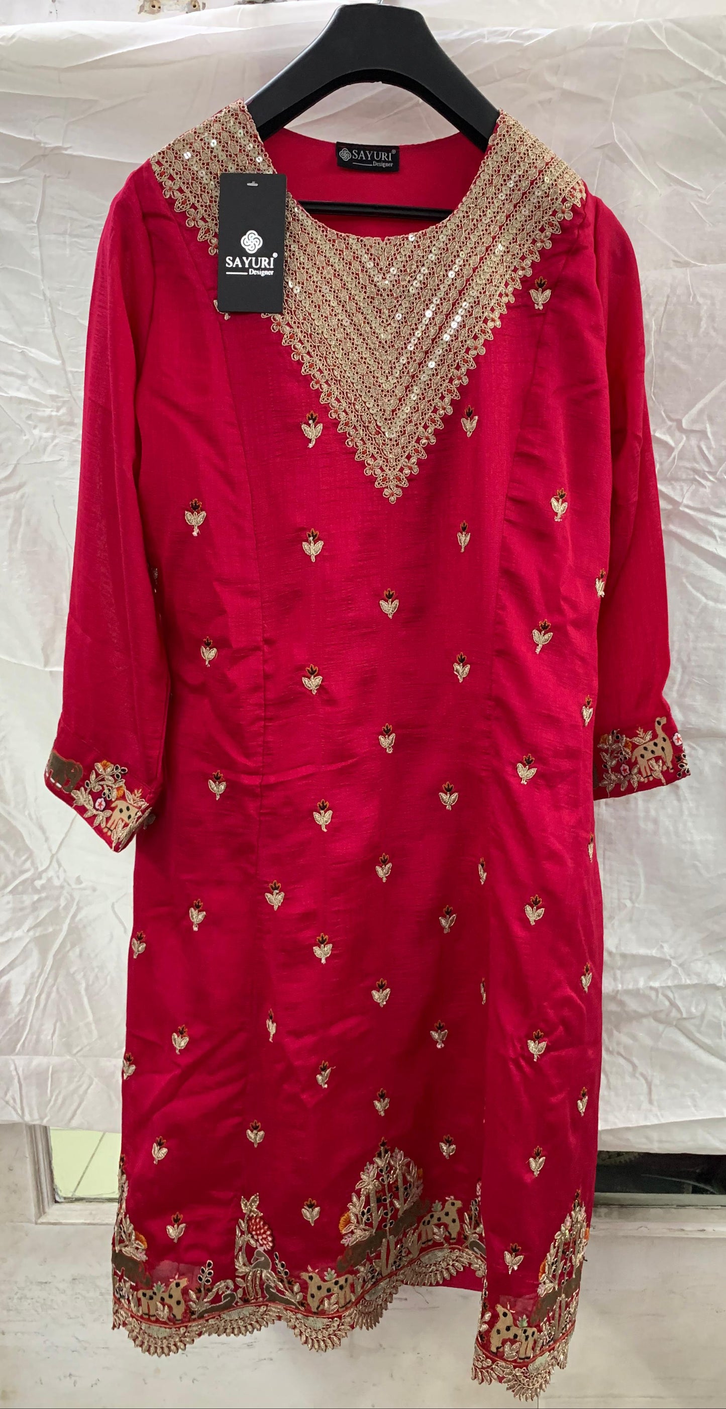 Red Chinon Silk Salwar Kameez For Indian Suit Festivals & Pakistani Weddings - Embroidery Work