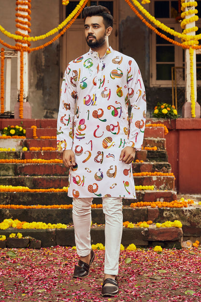 White Art Silk Kurta Pyjama for Men For Navratri Garba Festivals - Print Work