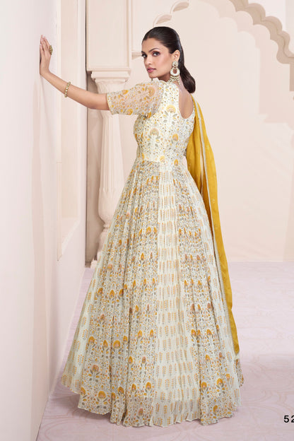 White Georgette Floor Full Length Anarkali Gown For Indian Festivals & Weddings - Embroidery Work