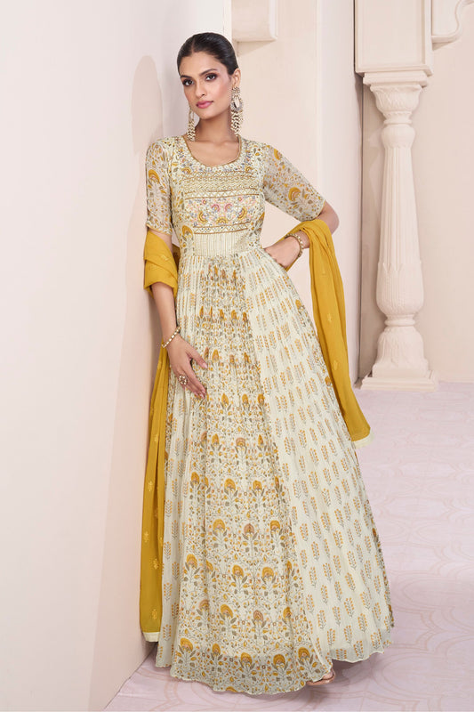 White Georgette Floor Full Length Anarkali Gown For Indian Festivals & Weddings - Embroidery Work