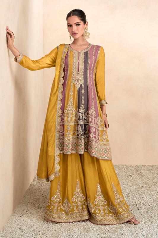 Yellow Pakistani Chinon Silk Plazo Suit For Indian Festivals & Weddings - Thread Embroidery Work