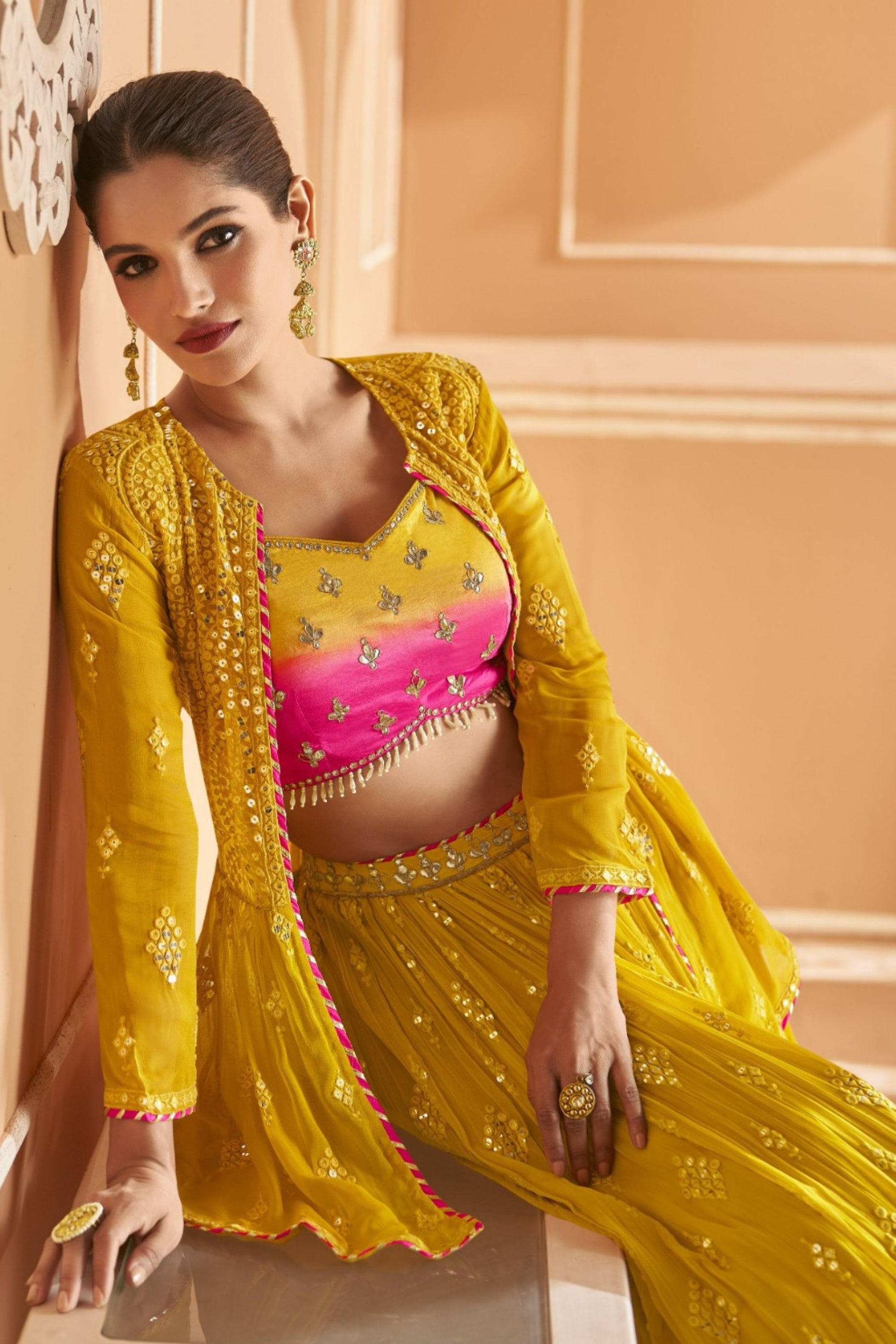 Yellow Dual Tone Lehenga Choli For Indian Festivals & Pakistani Weddings - Embroidery Work