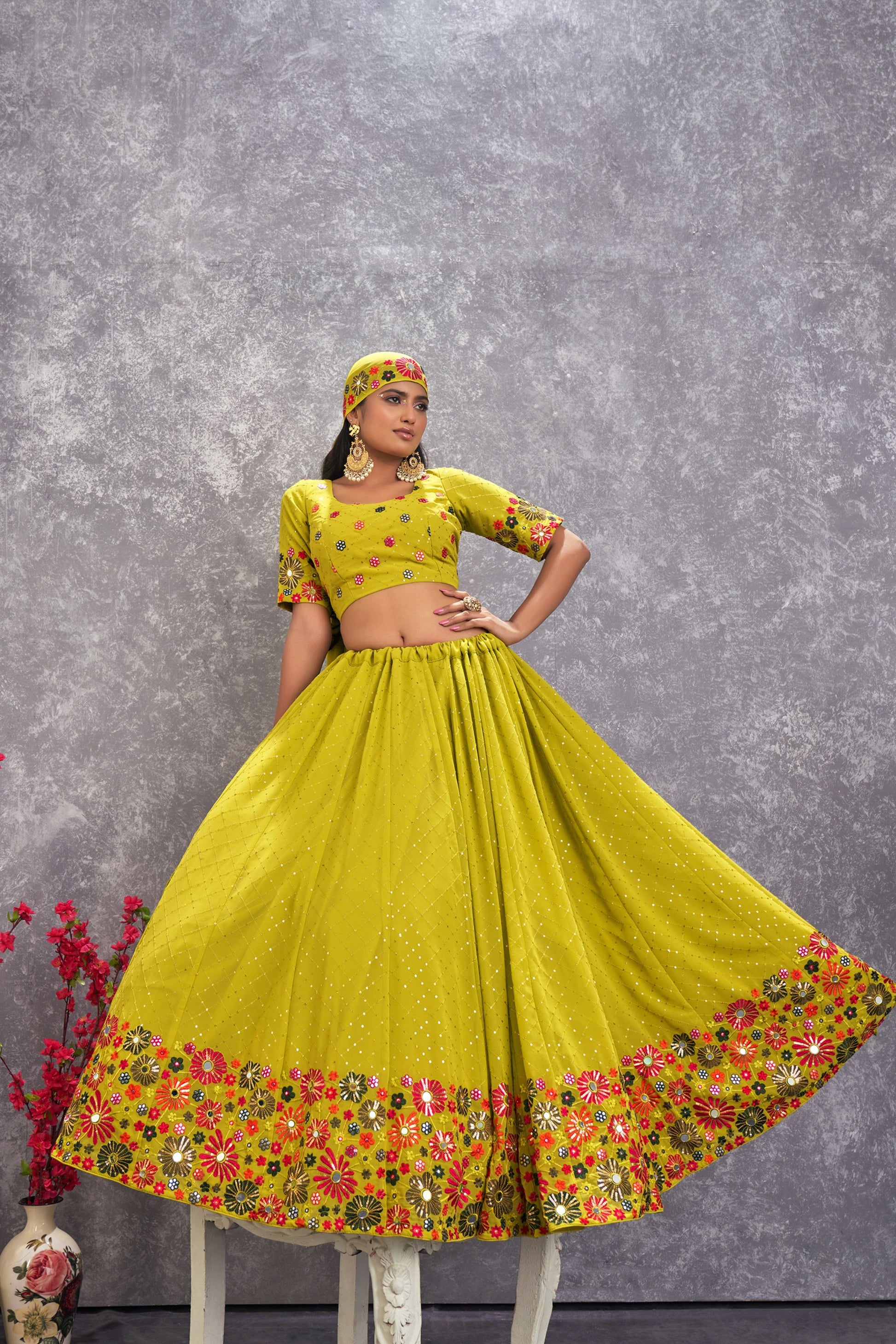 Yellow Georgette Floral Embroidery Lehenga Choli For Indian Festivals & Weddings - Sequence Embroidery Work, Thread Embroidery Work, Mirror Work
