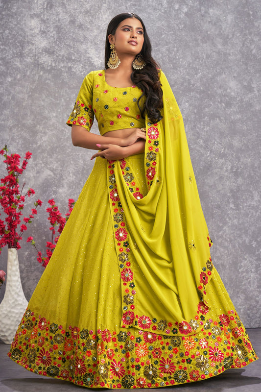 Yellow Georgette Floral Embroidery Lehenga Choli For Indian Festivals & Weddings - Sequence Embroidery Work, Thread Embroidery Work, Mirror Work