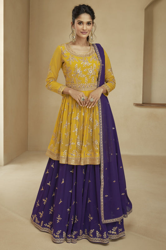 Yellow Pakistani Georgette Salwar Kameez For Indian Festivals & Weddings - Thread Embroidery Work