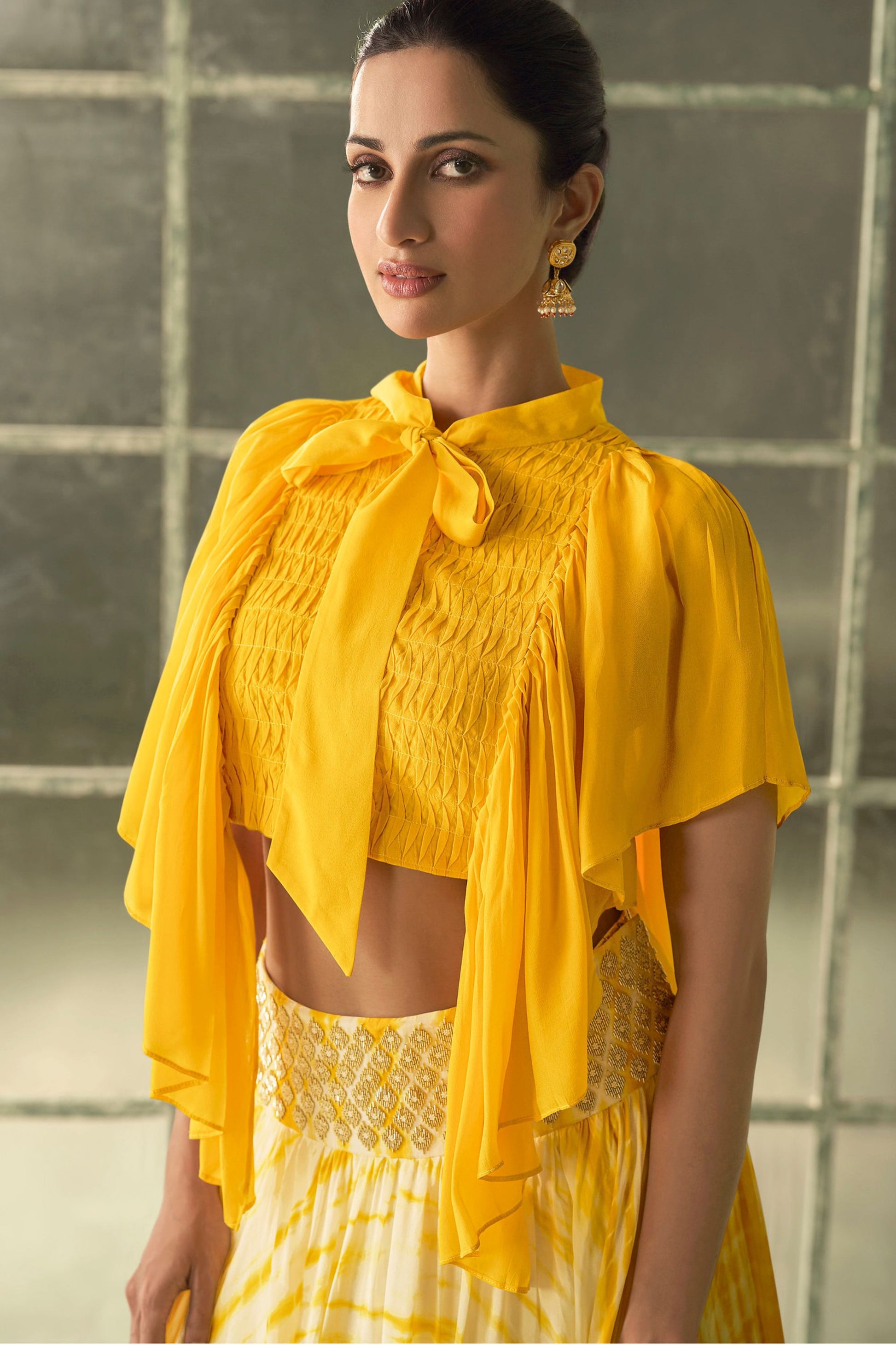 Yellow Printed Georgette Dual Tone Lehenga Choli For Indian Festivals & Weddings - Print Work, Embroidery Work