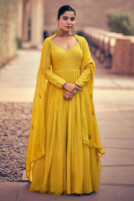 Yellow Silk Georgette Floor Full Length Embroidered Anarkali Gown For Indian Festivals & Pakistani Weddings - Embroidery Work